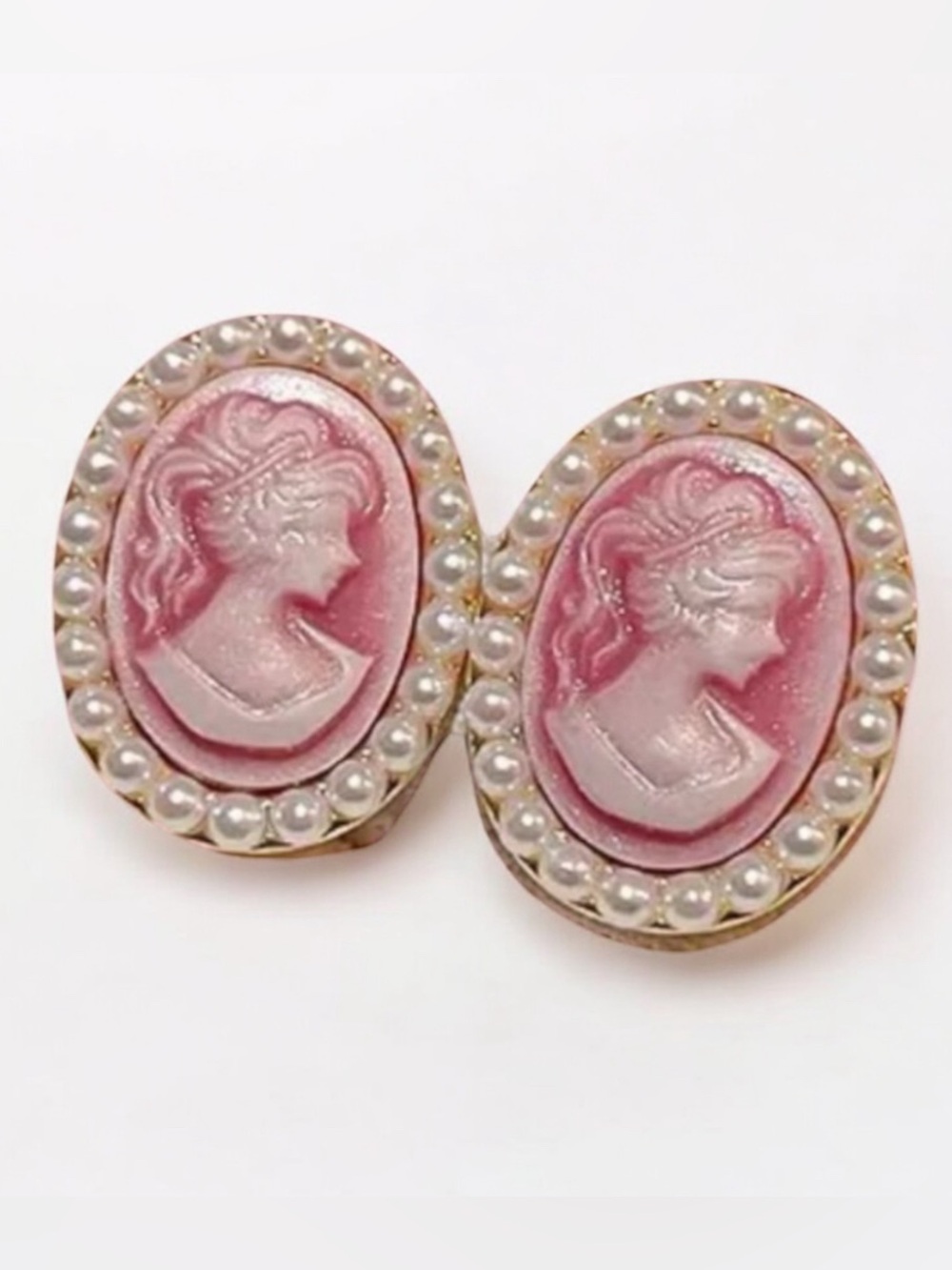 Vintage Victorian Style Pink Cameo Pearl Stud Earrings